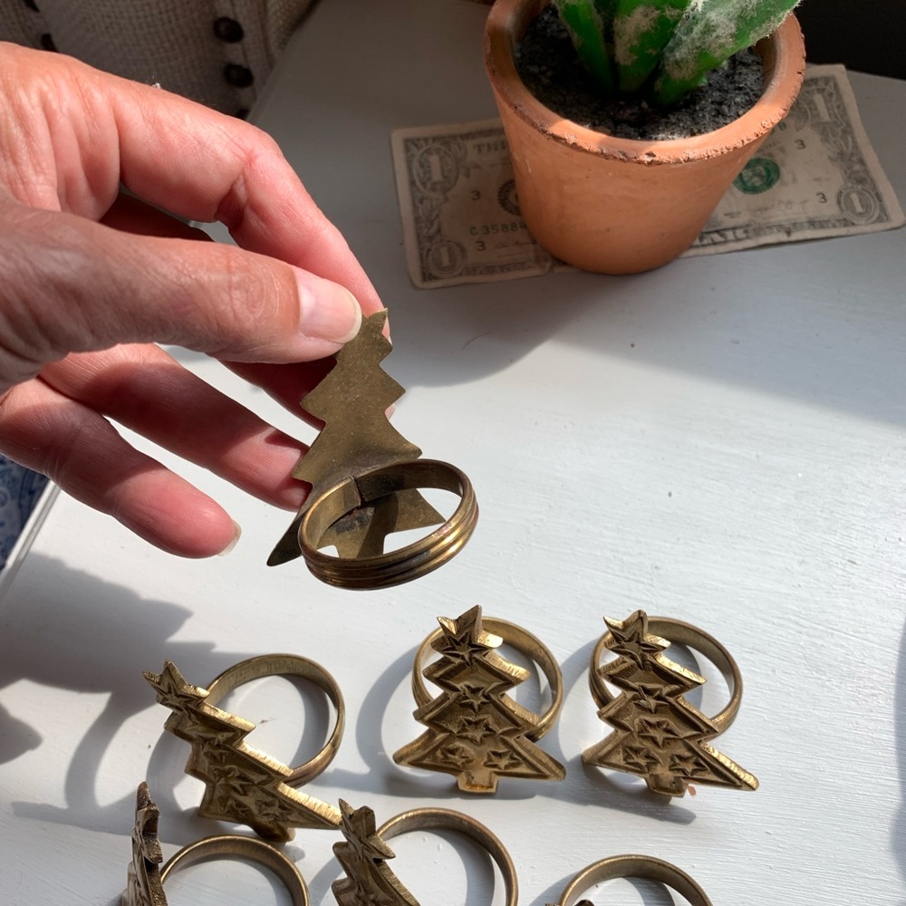 Vintage Brass Christmas Tree Napkin Rings - Picture 4 of 5
